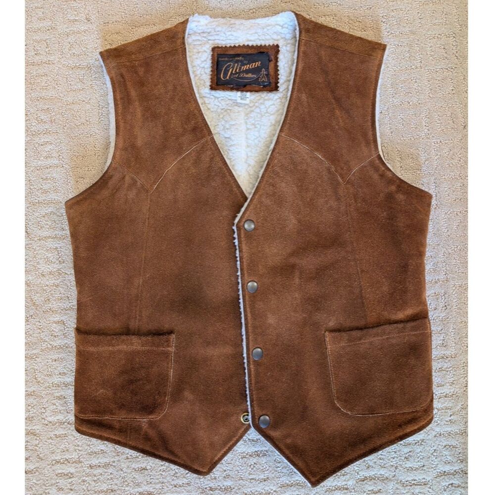 Altman of Dallas Vest Men Size 38 Burnt Orange Brown Leather Suede Sherpa Lining